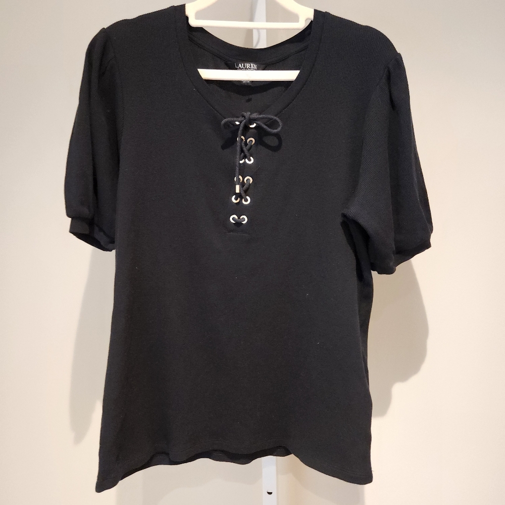 Lauren Ralph Lauren RL Black Label lace up puff sleeve top sz L NWOT